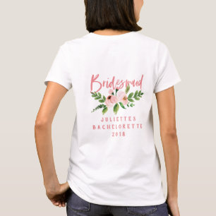 Camiseta Bridesmaid rosa pincelado t-shirt floral de aquare