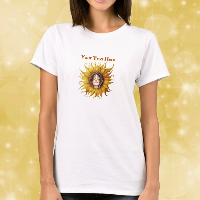 Camiseta Bright Sunflower With Smiling Girls Face in Center (Cute girl's face in bright yellow ornate sunflower on womans tee shirt.)