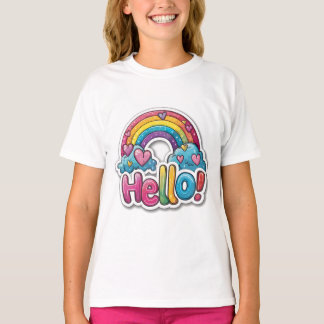 Camiseta Brilhante e Cheery "Olá!" T-Shirt Do Rainbow Kids