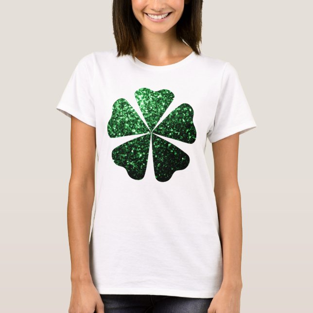 Camiseta Brilhante Verde Escuro brilha Shamrock Clover (Frente)