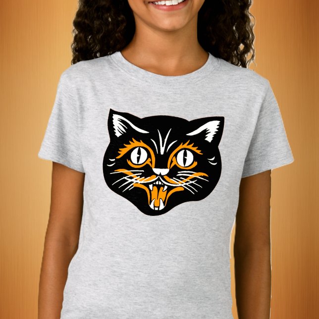 Camiseta Brincadeira Sorrindo De Cabelo Preto De Halloween  (Fun laughing Halloween black cat face with orange and white accents on kids's tee shirt.)