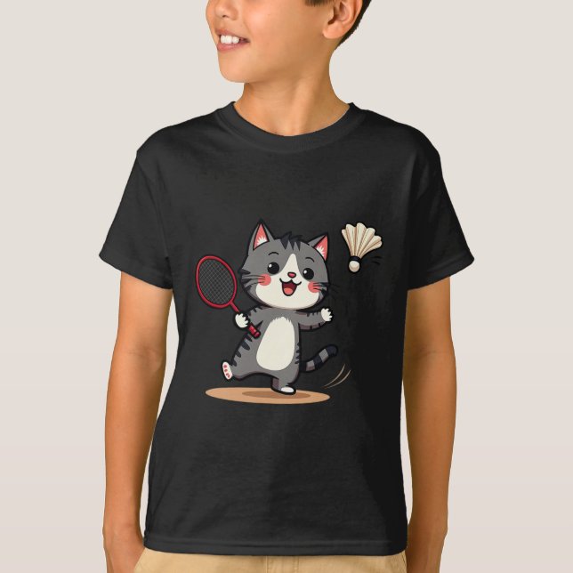 Camiseta Brincadeiras de Badminton Cute Rackers de Gato Eng (Frente)
