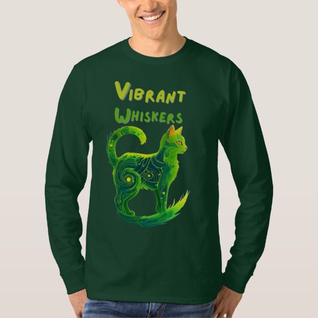 Camiseta Brincadeiras Vibrantes: Arte Gata Verde e Amarela (Frente)