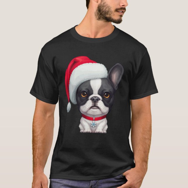 Camiseta Brindle Pied French Bulldog in Santa Hat Christmas (Frente)