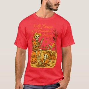 Camiseta Brisa de Outono e Folhas de Outono Esqueleto Abóbo