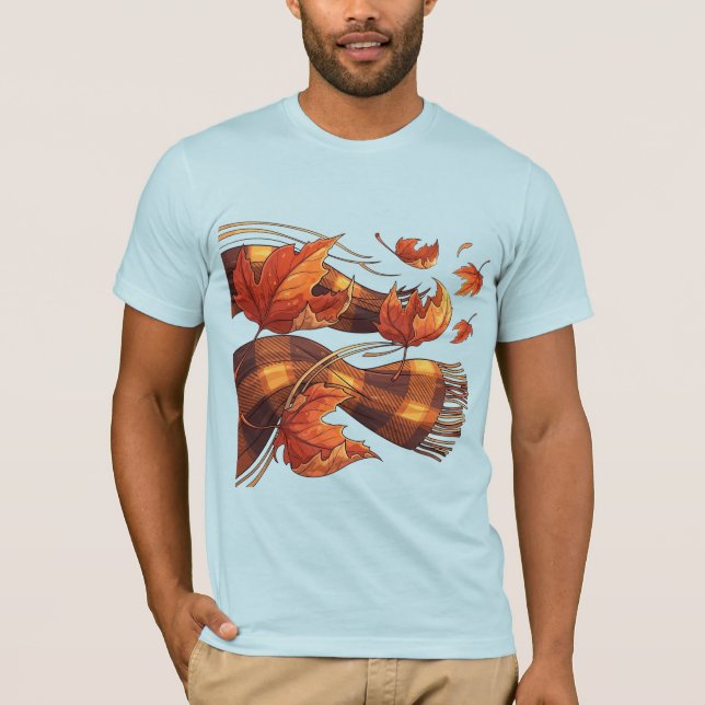 Camiseta Brisa de Outono Folhas de Bordo e Cachecol Xadrez (Frente)