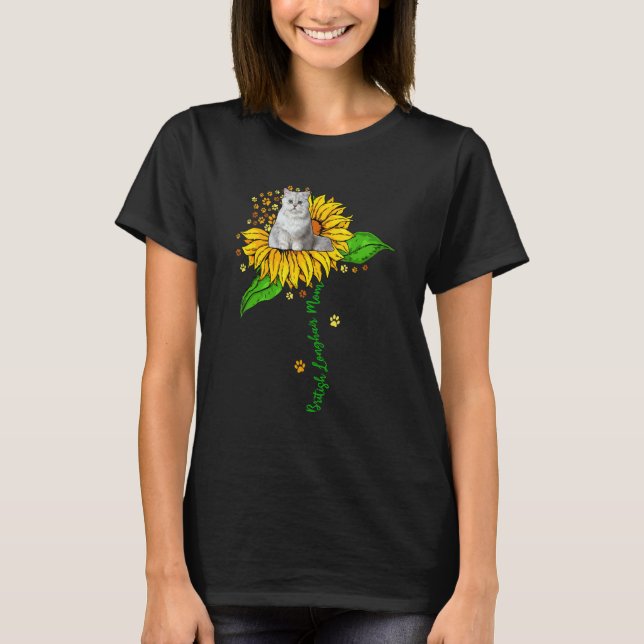Camiseta British Longhair Mom Cute Cat On Sunflower Paws Mo (Frente)