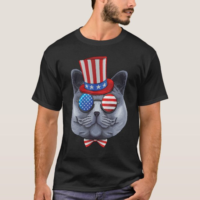 Camiseta British Shorthair 4 De Julho Americano Tio S (Frente)