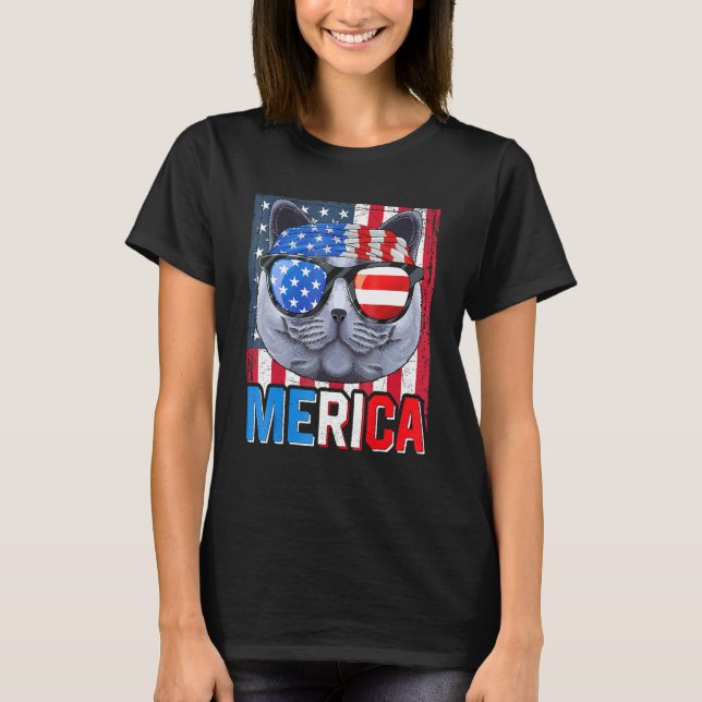 Camiseta British Shorthair Merica 4 de julho Cat American (Frente)