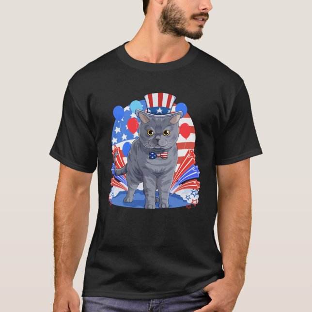 Camiseta British Shorthair Merica 4th of July American Flag (Frente)