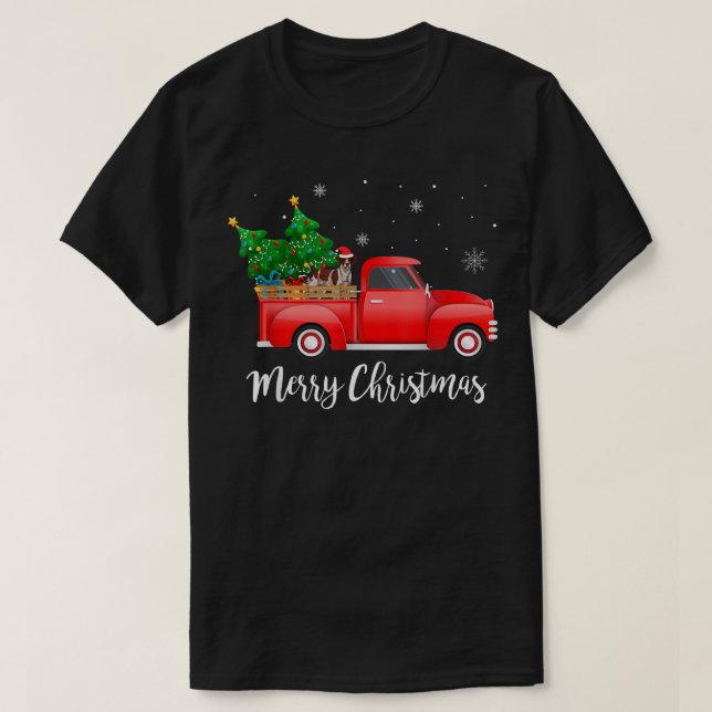 Camiseta Brittany Spaniel Dog Riding Red Truck Christmas  (Frente do Design)