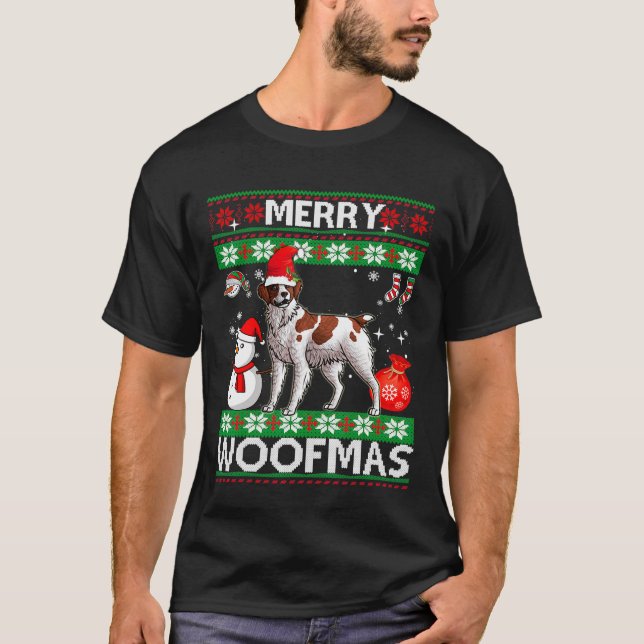 Camiseta Brittany Spaniel Feliz Woofmas Natal (Frente)