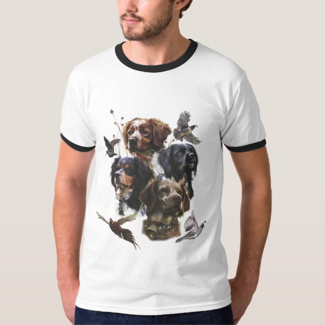 Camiseta Brittany Spaniels , Estação de Caça de Pássaros (Frente)
