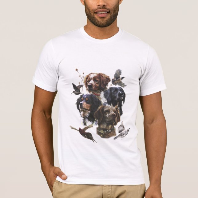 Camiseta Brittany Spaniels , Estação de Caça de Pássaros (Frente)