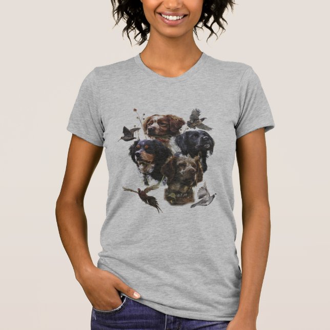 Camiseta Brittany Spaniels , Estação de Caça de Pássaros (Frente)