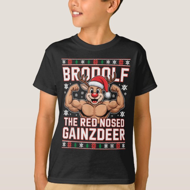 Camiseta Brodolf The Red Nosed Gainzdeer Funny Xmas Gym Out (Frente)