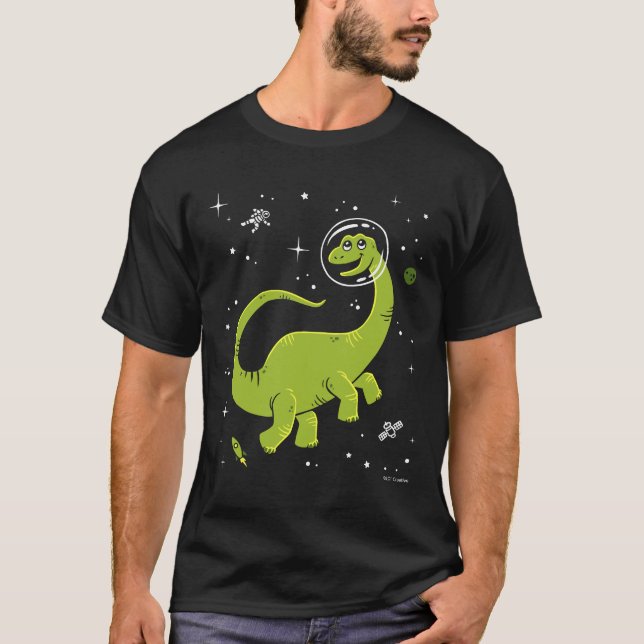 Camiseta Brontosaurus Verdes Dinos No Espaço (Frente)
