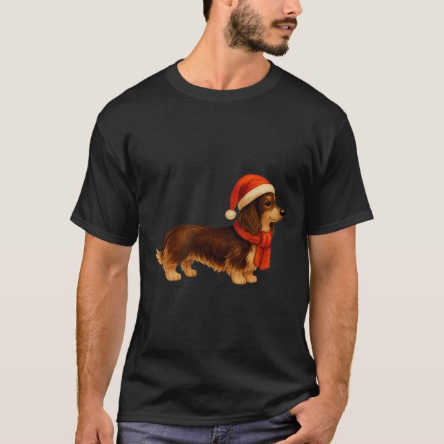 Camiseta Brown And Tan Christmas Dachshund Santa Hat  (Frente)