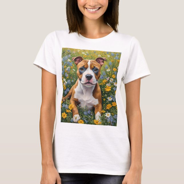 Camiseta Brown And White Staffordshire Bull Terrier Puppy, (Frente)