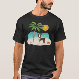Camiseta Brown Boston Terrier Em Uma Praia Tropical De Verã