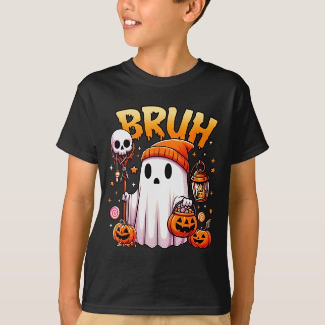 Camiseta Bruh Ghost Halloween Cute Ghost Trick Or Treat Can (Frente)
