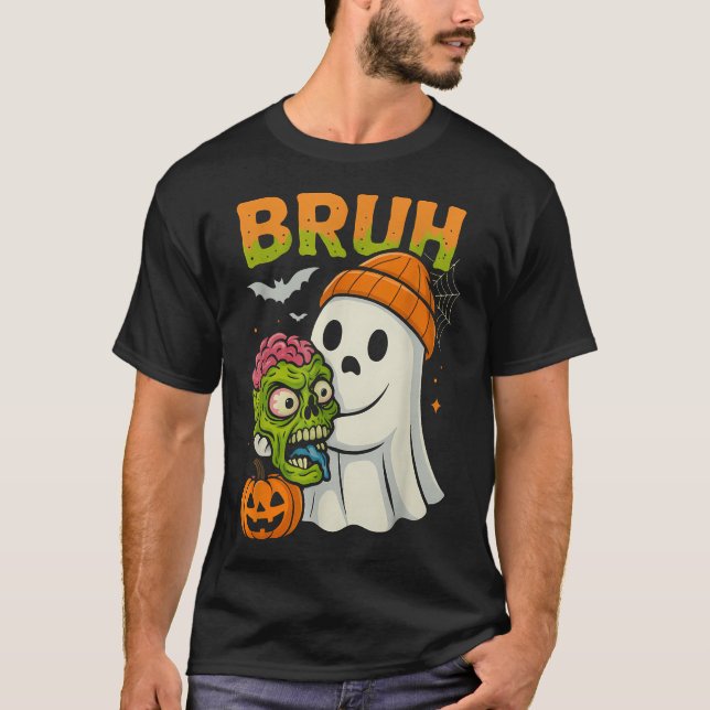 Camiseta Bruh Halloween Fantasma Zombie Caça Cérebro (Frente)