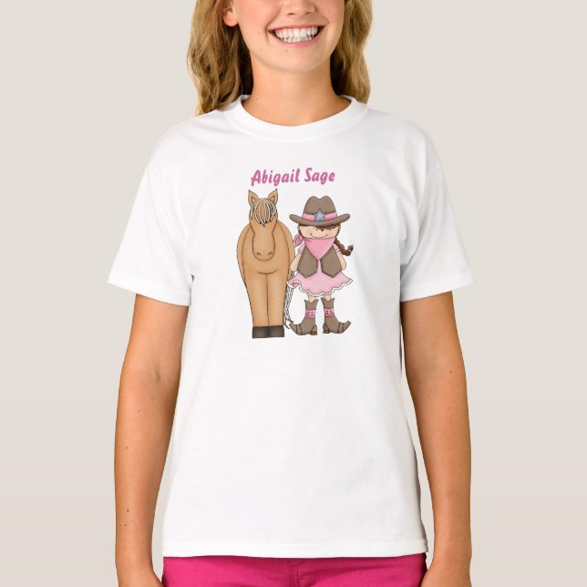 Camiseta Brunette Cowgirl e Horse Cute Personalizados (Frente)