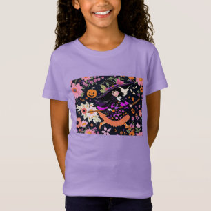 Camiseta Bruxa Adorável De Halloween Com Flores E Abóbora
