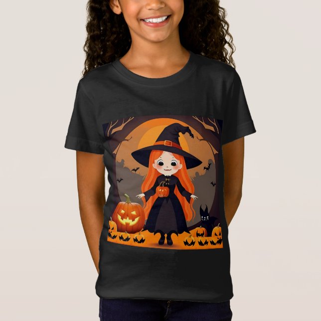 Camiseta Bruxa Adorável em Cenário de Halloween com Abóbora (Frente)