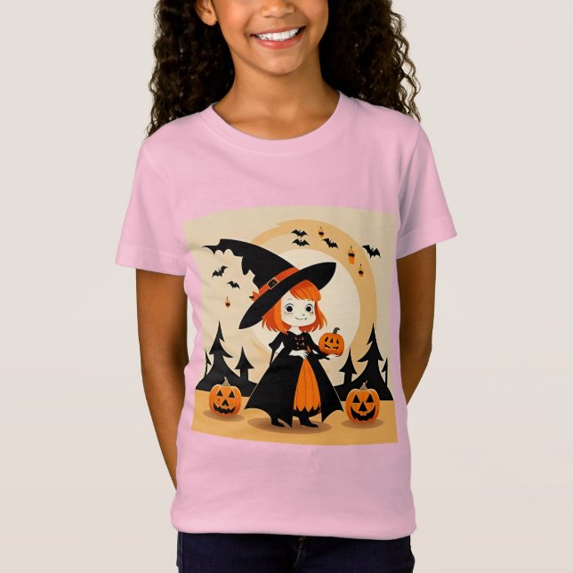 Camiseta Bruxa Adorável Segurando Pumpkin (Frente)