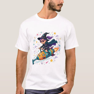 Camiseta Bruxa Aspirador Voador Arte Divertida de Halloween
