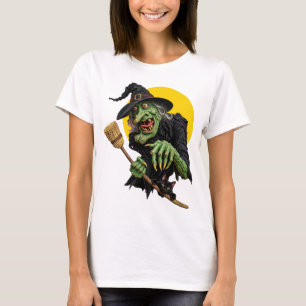 Camiseta BRUXA ASSUSTADORA com Vassoura e Gato Preto