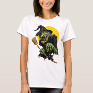 Camiseta BRUXA ASSUSTADORA com Vassoura e Gato Preto