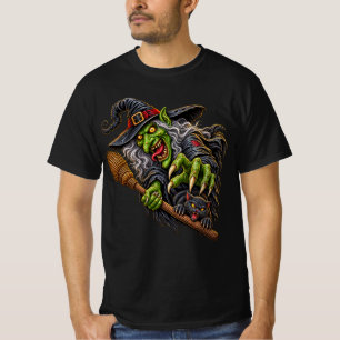 Camiseta BRUXA ASSUSTADORA com VASSOURA e GATO PRETO