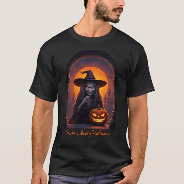 Camiseta Bruxa Assustadora do Halloween e Pumpkin Louco (Frente)