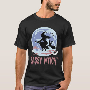 Camiseta Bruxa Atrevida de Halloween Gato de Vassoura Voado