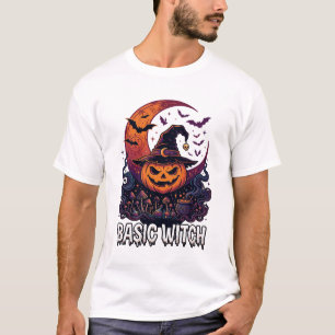 Camiseta Bruxa Básica de Abóbora de Halloween Crescente Lua