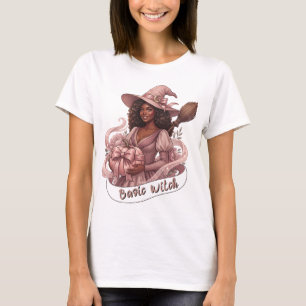 Camiseta Bruxa Básica Magia de Menina Negra Abóbora Rosa