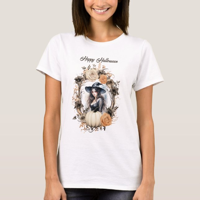 Camiseta Bruxa bonito no Halloween Wreath (Frente)