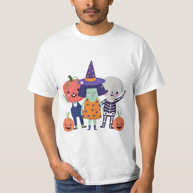 Camiseta Bruxa Branca de Halloween, Esqueleto, Abóboras (Frente)