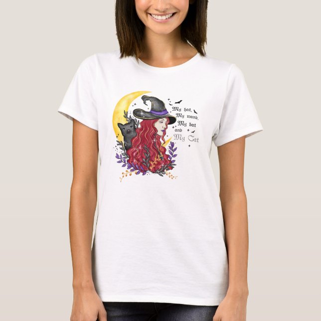 Camiseta Bruxa com Gato Negro e Lua Crescente (Frente)