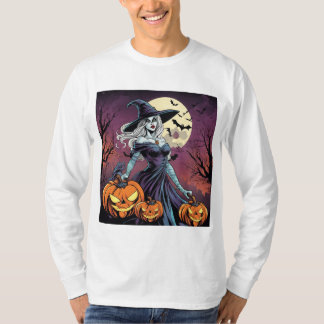 Camiseta Bruxa com Pumpkins debaixo da lua cheia