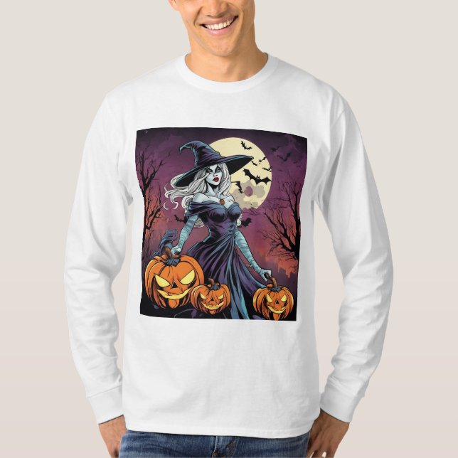 Camiseta Bruxa com Pumpkins debaixo da lua cheia (Frente)