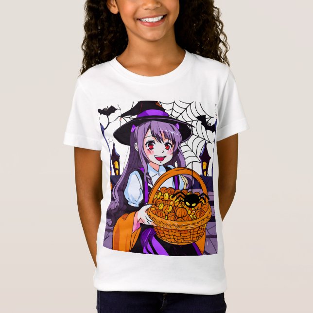 Camiseta Bruxa de Anime com Cesta de Pumpkins (Frente)