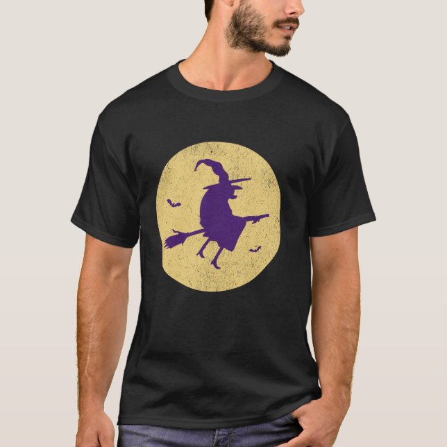 Camiseta Bruxa de Broomstick Cheio Bat Halloween Costum (Frente)