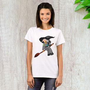 Camiseta Bruxa de desenho animado caprichosa voando em vass