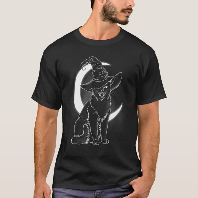 Camiseta Bruxa de Gatinho Assustador Chapéu de Halloween Ga (Frente)