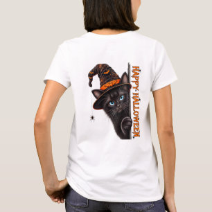 Camiseta Bruxa de Gato Preto Assustador Chapéu de Halloween