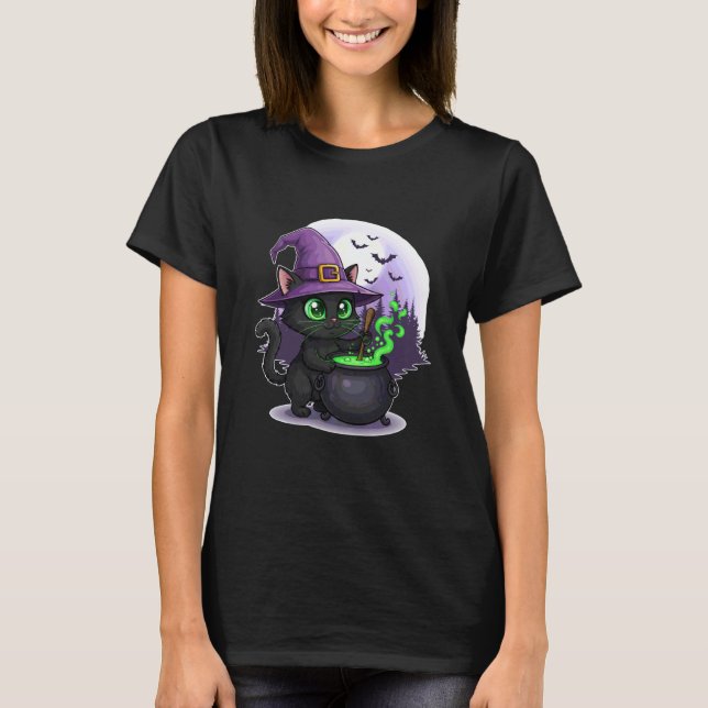 Camiseta Bruxa de Gato Preto com Caldeirão e Lua (Frente)