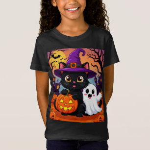 Camiseta Bruxa de Gato Preto Fofa e Fantasma de Halloween �